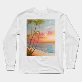 Paradise, Beautiful Beach, Beach Painting, Pale Beach, Pastel Beach, Pink Sky, Palm Trees, Beach Life Long Sleeve T-Shirt